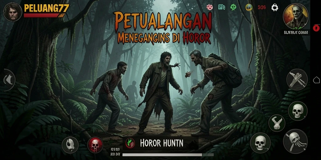 Tampilan antarmuka menegangkan saat menjelajahi hutan horor.